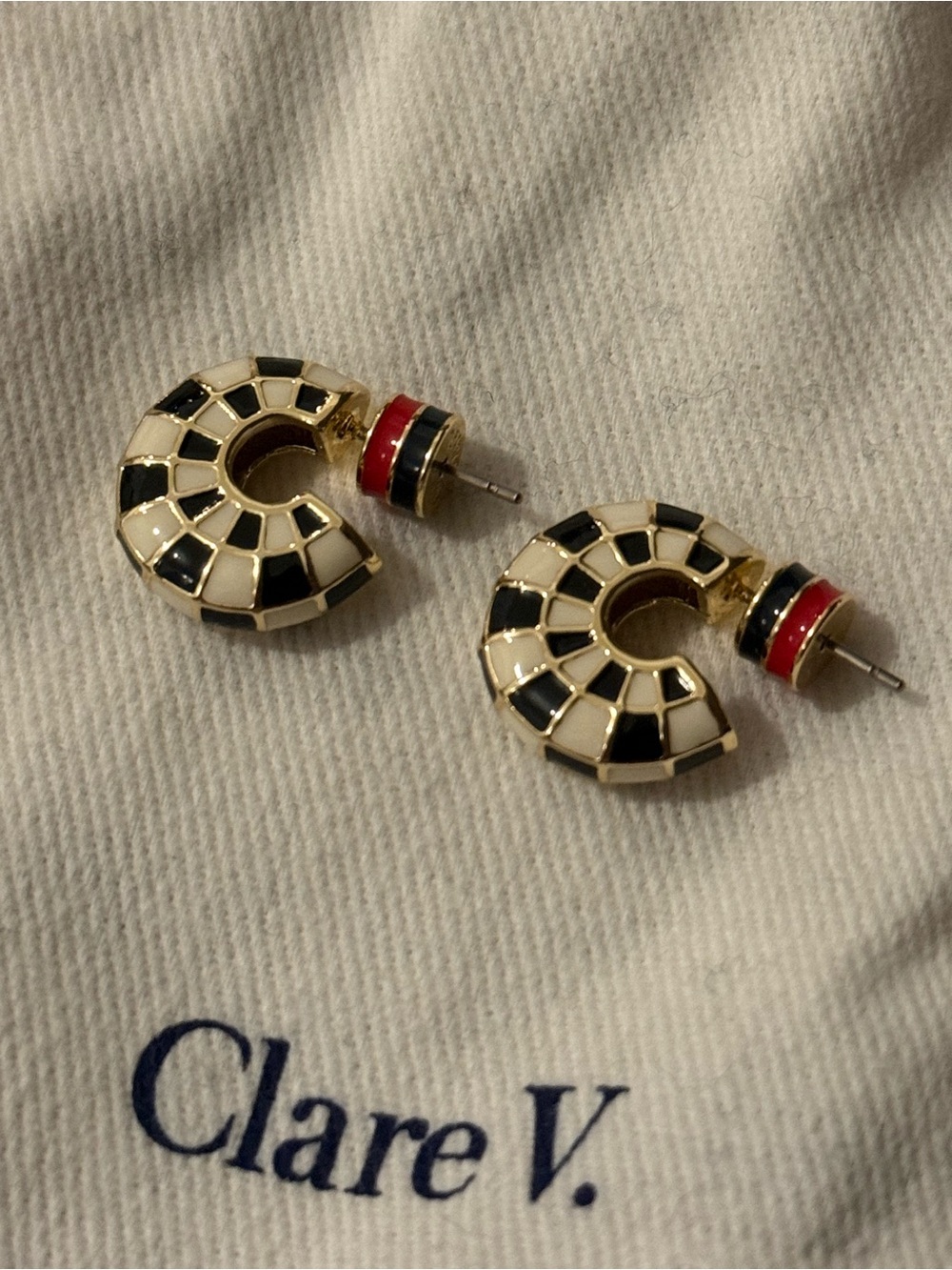 Clare V Petit Le Hoop Checkerboard Enamel Hoop Earrings